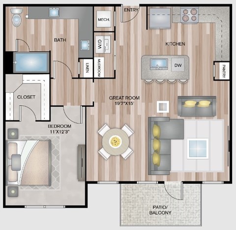 A floor plan of a house with a kitchen, bathroom, and bedroom.